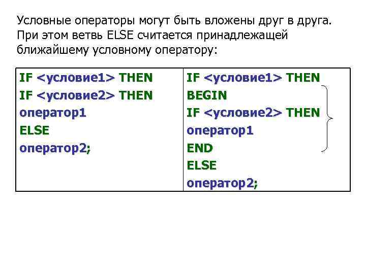 Условные операторы могут быть вложены друг в друга. При этом ветвь ELSE считается принадлежащей