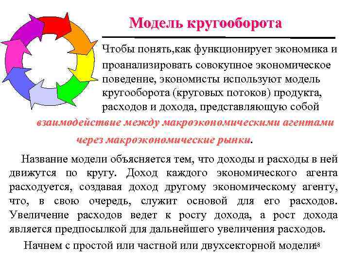 Модель кругооборота Чтобы понять, как функционирует экономика и проанализировать совокупное экономическое поведение, экономисты используют