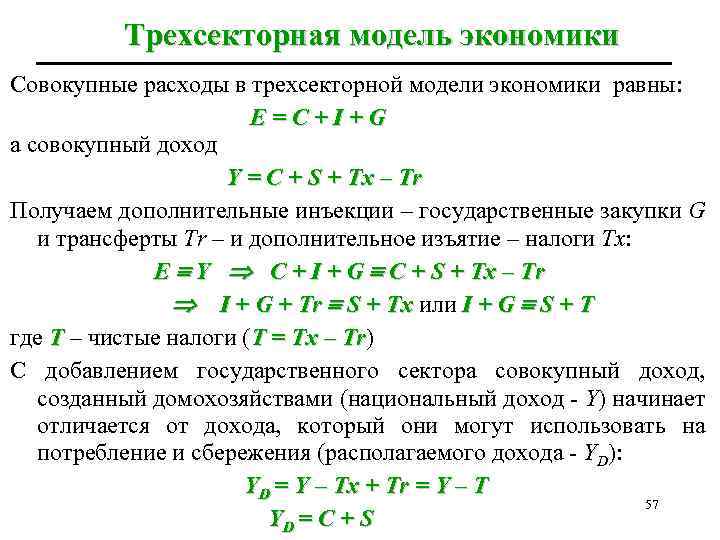 Трехсекторная модель экономики Совокупные расходы в трехсекторной модели экономики равны: E=C+I+G а совокупный доход