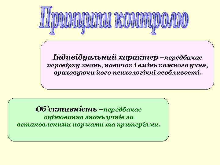 Індивідуальний характер –передбачає перевірку знань, навичок і вмінь кожного учня, враховуючи його психологічні особливості.