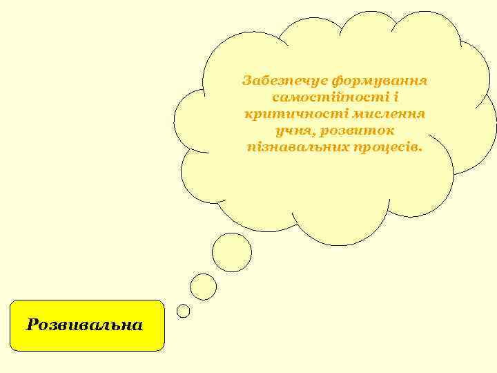 Забезпечує формування самостійності і критичності мислення учня, розвиток пізнавальних процесів. Розвивальна 