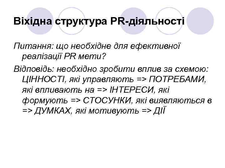 Віхідна структура PR-діяльності Питання: що необхідне для ефективної реалізації PR мети? Відповідь: необхідно зробити