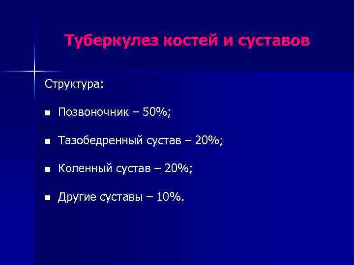 Туберкулез костей и суставов Структура: n Позвоночник – 50%; n Тазобедренный сустав – 20%;