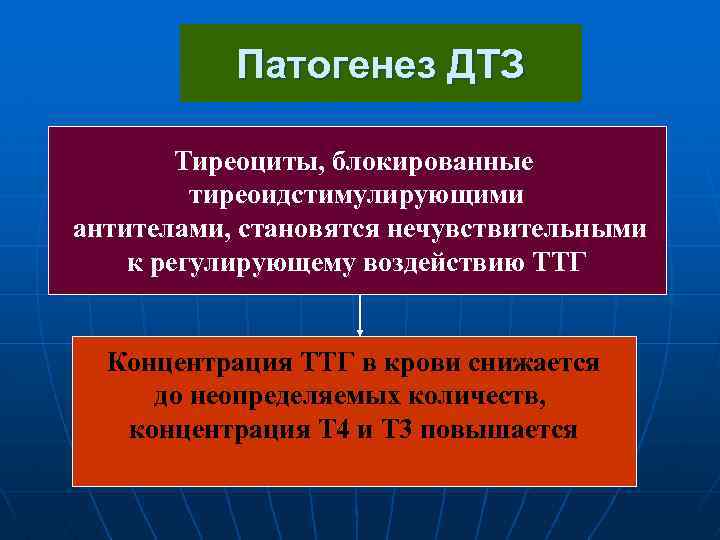 Патогенез ДТЗ Тиреоциты, блокированные тиреоидстимулирующими антителами, становятся нечувствительными к регулирующему воздействию ТТГ Концентрация ТТГ