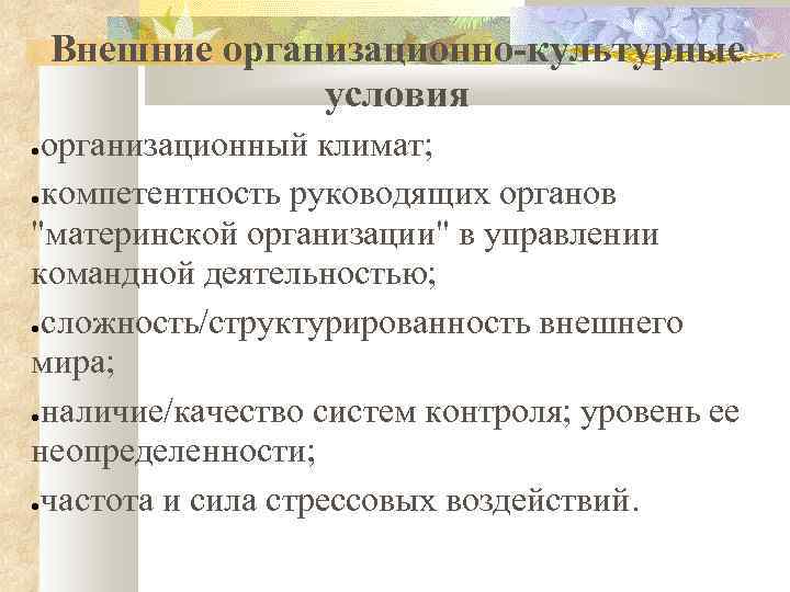 Внешние организационно-культурные условия организационный климат; ●компетентность руководящих органов "материнской организации" в управлении командной деятельностью;