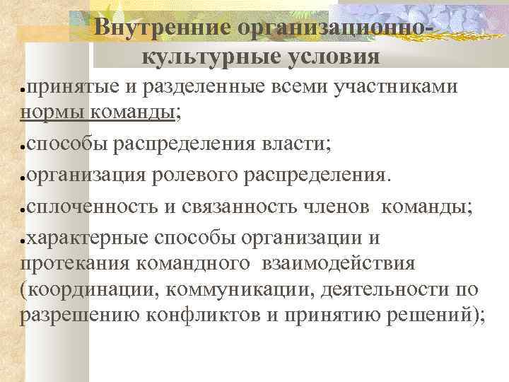 Внутренние организационнокультурные условия принятые и разделенные всеми участниками нормы команды; ●способы распределения власти; ●организация