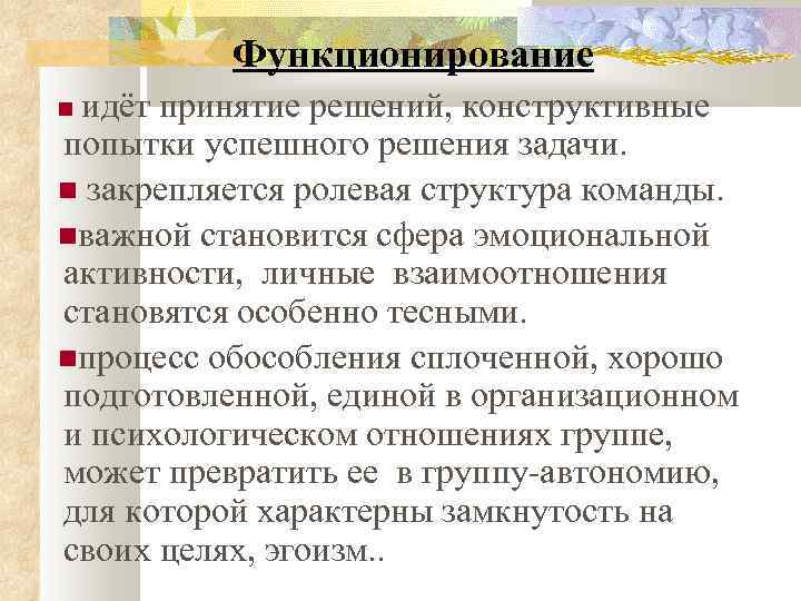 Функционирование идёт принятие решений, конструктивные попытки успешного решения задачи. закрепляется ролевая структура команды. важной