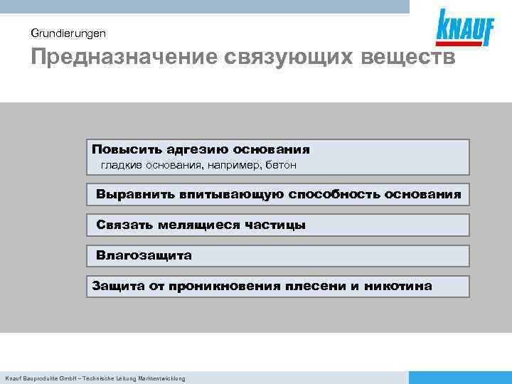 Grundierungen Предназначение связующих веществ Повысить адгезию основания гладкие основания, например, бетон Выравнить впитывающую способность