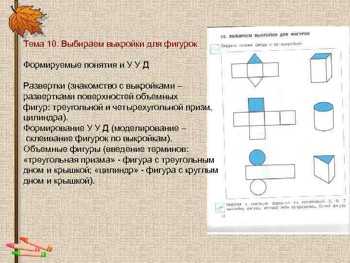 Тема 10. Выбираем выкройки для фигурок Формируемые понятия и У У Д Развертки (знакомство