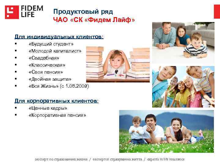 Продуктовый ряд ЧАО «СК «Фидем Лайф» Для индивидуальных клиентов: § § § § «Будущий