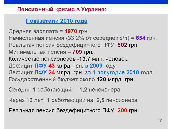 Пенсионный кризис в Украине: Показатели 2010 года Средняя зарплата = 1970 грн. Начисленная пенсия