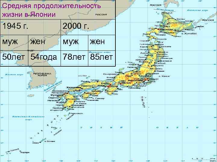 Средняя продолжительность жизни в Японии 1945 г. муж 2000 г. жен муж жен 50