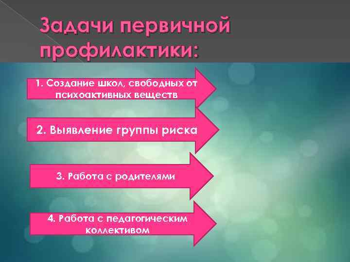 Задачи первичной профилактики: 1. Создание школ, свободных от психоактивных веществ 2. Выявление группы риска