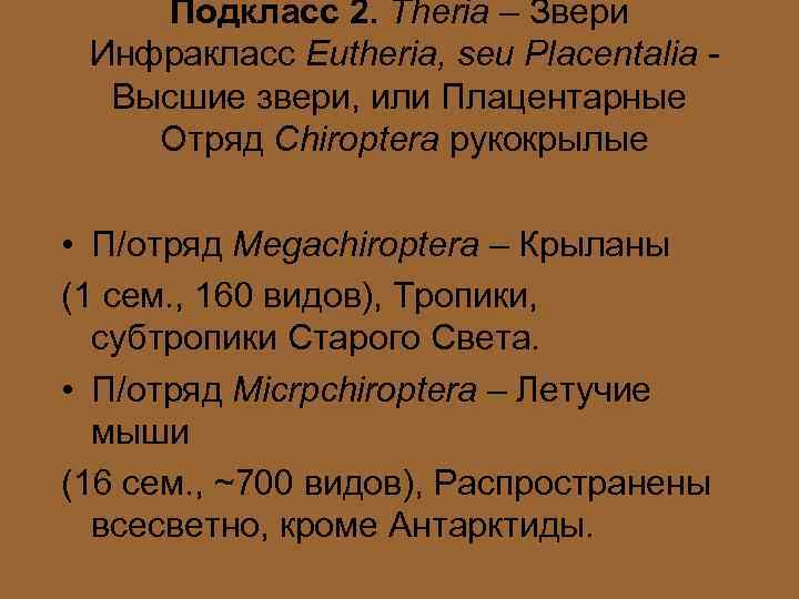 Подкласс 2. Theria – Звери Инфракласс Eutheria, seu Placentalia Высшие звери, или Плацентарные Отряд