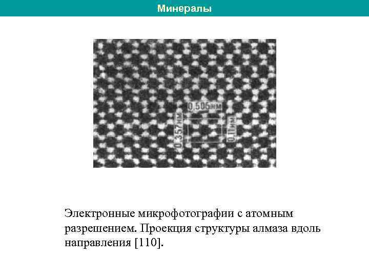 Минералы Электронные микрофотографии с атомным разрешением. Проекция структуры алмаза вдоль направления [110]. 