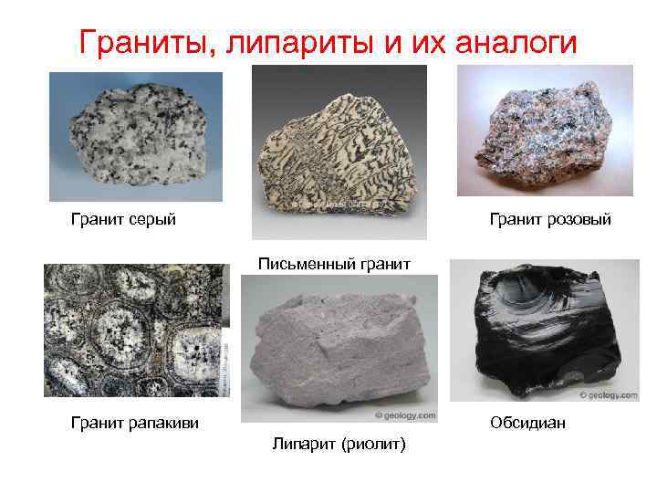 Граниты, липариты и их аналоги Гранит серый Гранит розовый Письменный гранит Гранит рапакиви Обсидиан