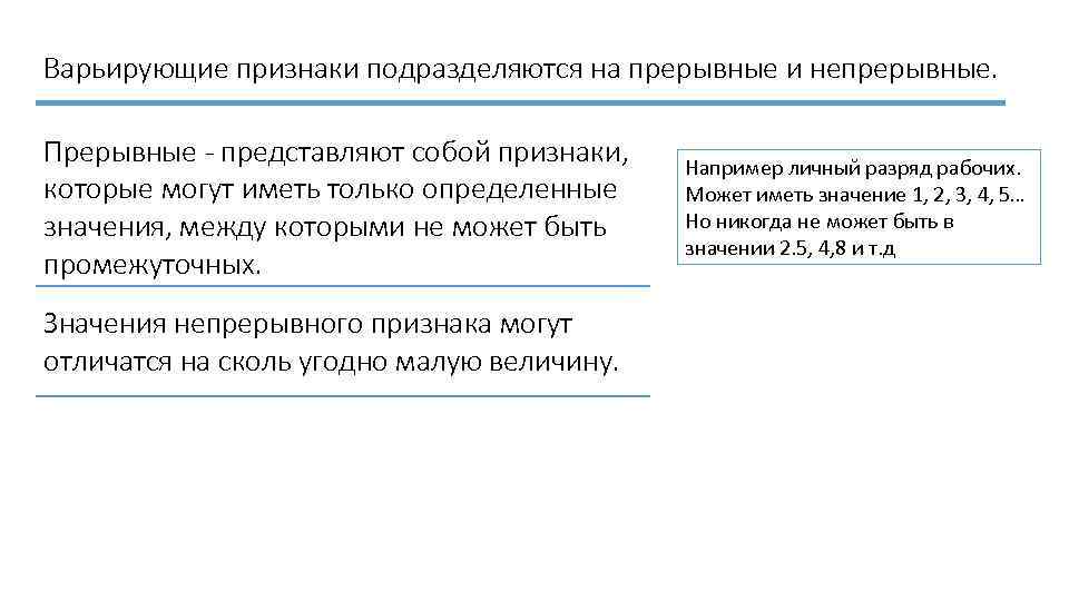 Варьирующие признаки подразделяются на прерывные и непрерывные. Прерывные - представляют собой признаки, которые могут