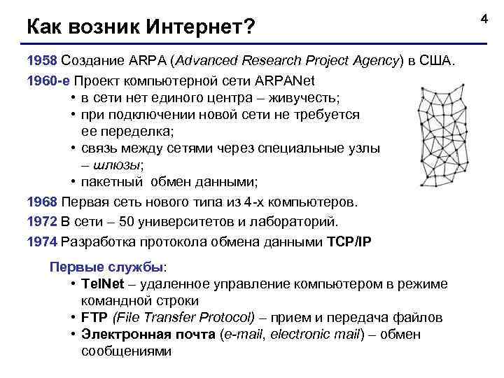 Как возник Интернет? 1958 Создание ARPA (Advanced Research Project Agency) в США. 1960 -е