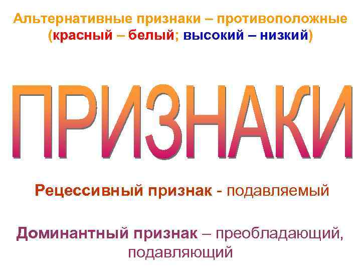 Альтернативные признаки – противоположные (красный – белый; высокий – низкий) Рецессивный признак - подавляемый