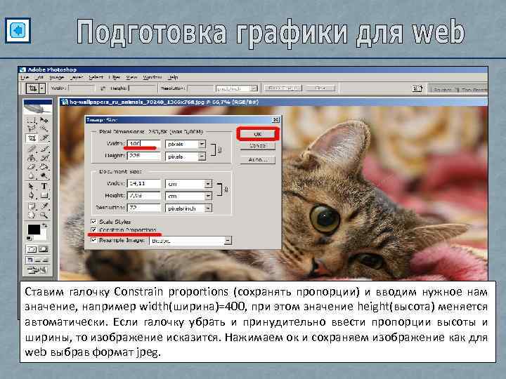 Ставим галочку Constrain proportions (сохранять пропорции) и вводим нужное нам значение, например width(ширина)=400, при
