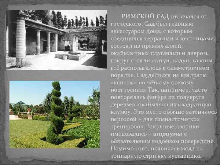 РИМСКИЙ САД отличался от греческого. Сад был главным аксессуаром дома, с которым соединялся террасами