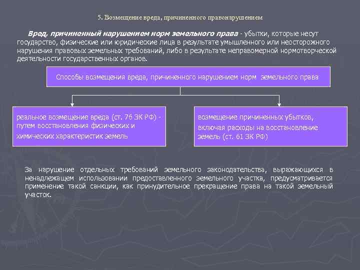 5. Возмещение вреда, причиненного правонарушением Вред, причиненный нарушением норм земельного права убытки, которые несут