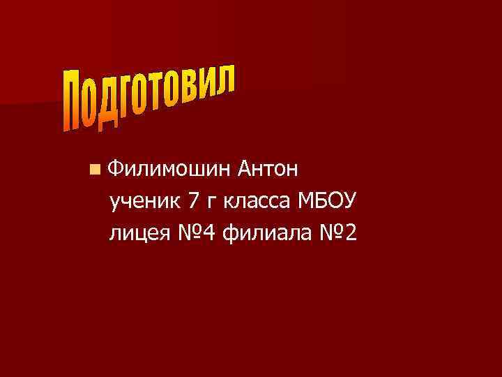 n Филимошин Антон ученик 7 г класса МБОУ лицея № 4 филиала № 2