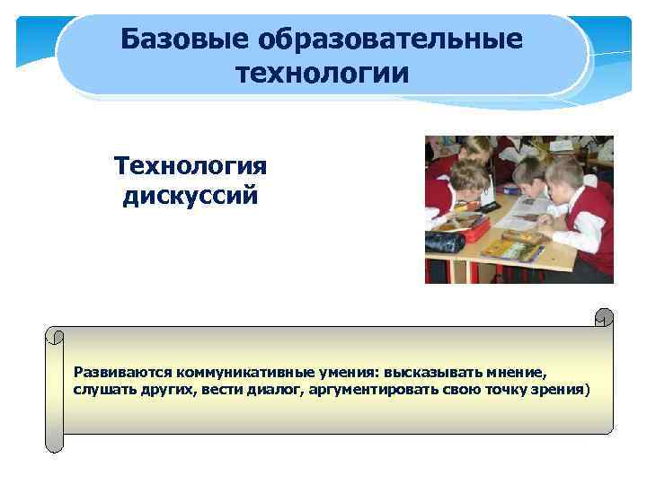 Базовые образовательные технологии Технология дискуссий Развиваются коммуникативные умения: высказывать мнение, слушать других, вести диалог,
