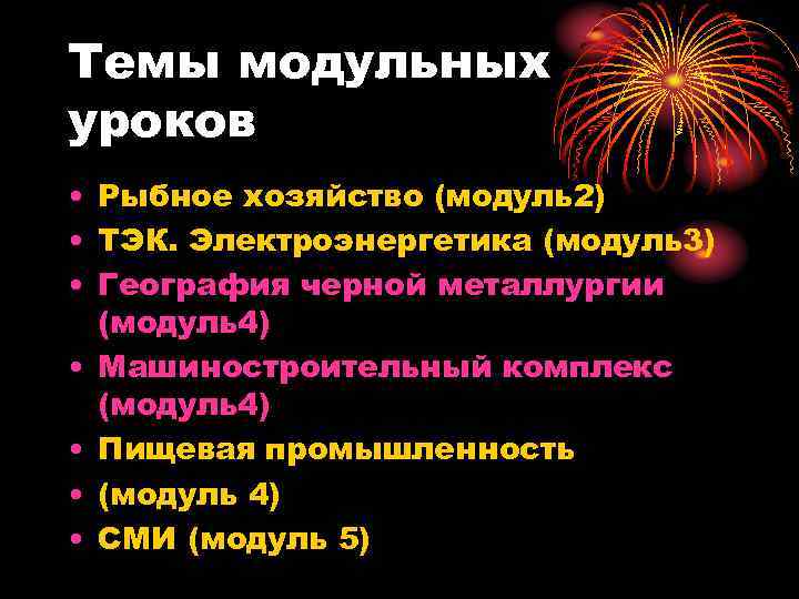 Темы модульных уроков • Рыбное хозяйство (модуль2) • ТЭК. Электроэнергетика (модуль3) • География черной