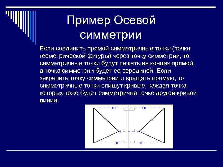  Пример Осевой симметрии Если соединить прямой симметричные точки (точки геометрической фигуры) через точку