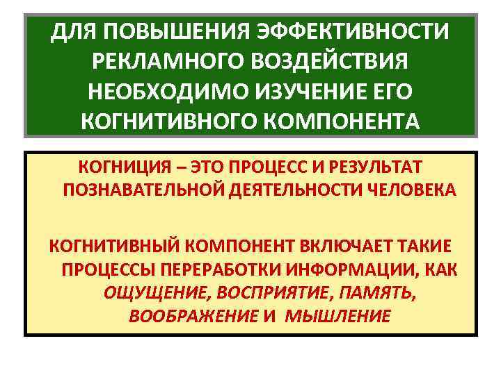 ДЛЯ ПОВЫШЕНИЯ ЭФФЕКТИВНОСТИ РЕКЛАМНОГО ВОЗДЕЙСТВИЯ НЕОБХОДИМО ИЗУЧЕНИЕ ЕГО КОГНИТИВНОГО КОМПОНЕНТА КОГНИЦИЯ – ЭТО ПРОЦЕСС