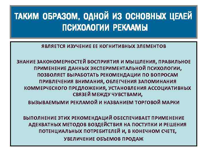 ТАКИМ ОБРАЗОМ, ОДНОЙ ИЗ ОСНОВНЫХ ЦЕЛЕЙ ПСИХОЛОГИИ РЕКЛАМЫ ЯВЛЯЕТСЯ ИЗУЧЕНИЕ ЕЕ КОГНИТИВНЫХ ЭЛЕМЕНТОВ ЗНАНИЕ