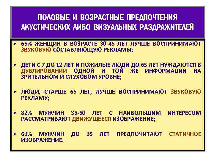 ПОЛОВЫЕ И ВОЗРАСТНЫЕ ПРЕДПОЧТЕНИЯ АКУСТИЧЕСКИХ ЛИБО ВИЗУАЛЬНЫХ РАЗДРАЖИТЕЛЕЙ • 65% ЖЕНЩИН В ВОЗРАСТЕ 30