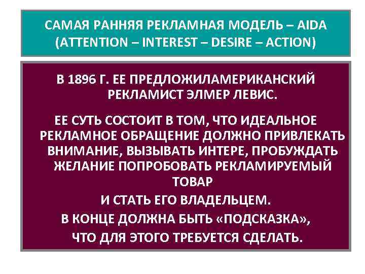 САМАЯ РАННЯЯ РЕКЛАМНАЯ МОДЕЛЬ – AIDA (ATTENTION – INTEREST – DESIRE – ACTION) В