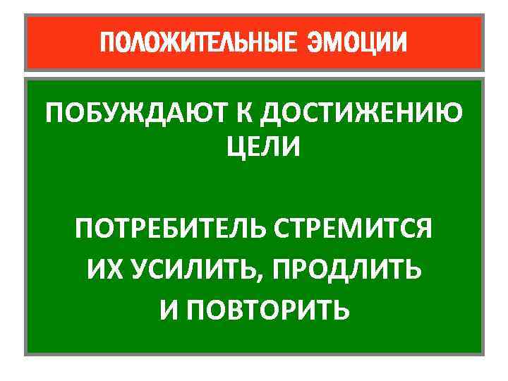 ПОЛОЖИТЕЛЬНЫЕ ЭМОЦИИ ПОБУЖДАЮТ К ДОСТИЖЕНИЮ ЦЕЛИ ПОТРЕБИТЕЛЬ СТРЕМИТСЯ ИХ УСИЛИТЬ, ПРОДЛИТЬ И ПОВТОРИТЬ 
