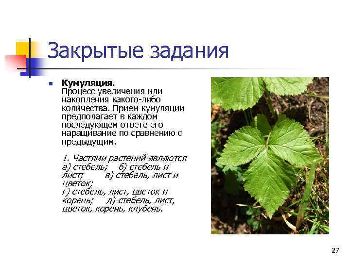 Закрытые задания n Кумуляция. Процесс увеличения или накопления какого-либо количества. Прием кумуляции предполагает в