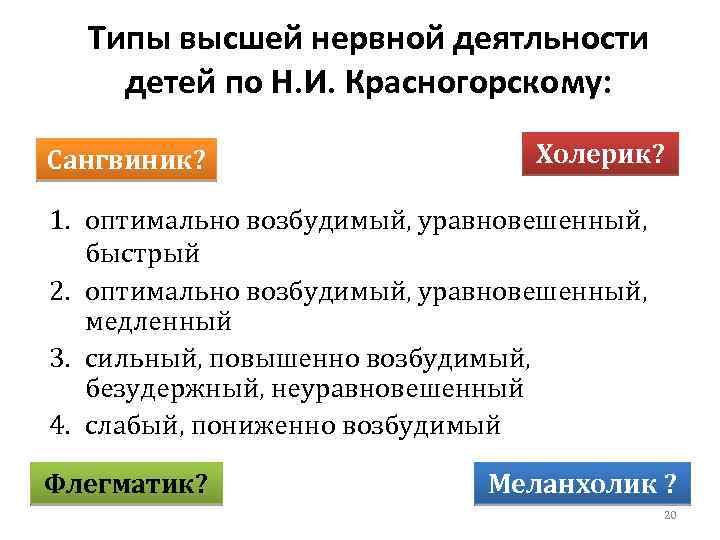 Типы высшей нервной деятльности детей по Н. И. Красногорскому: Сангвиник? Холерик? 1. оптимально возбудимый,