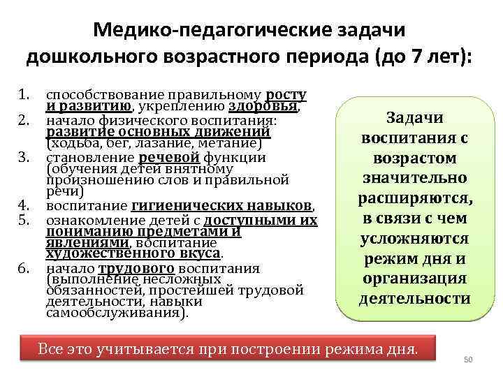 Медико-педагогические задачи дошкольного возрастного периода (до 7 лет): 1. 2. 3. 4. 5. 6.