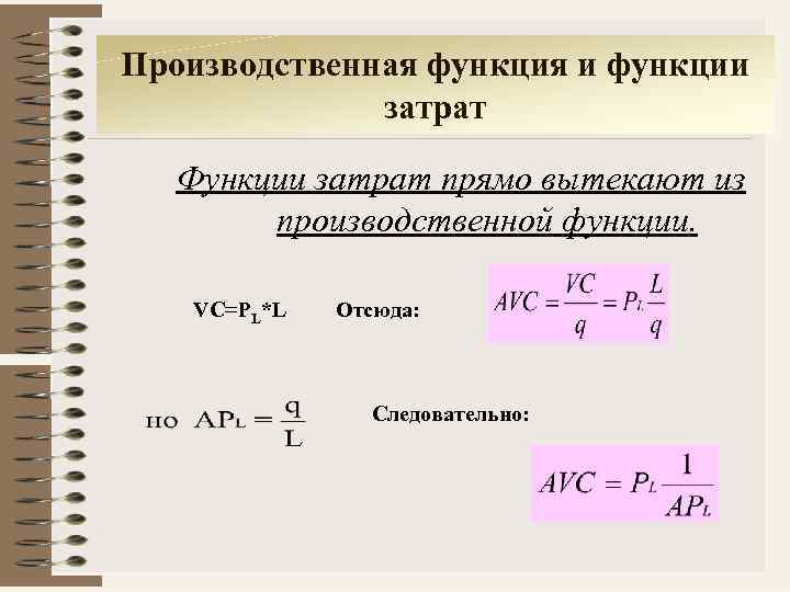 Производственная функция и функции затрат Функции затрат прямо вытекают из производственной функции. VC=PL*L Отсюда: