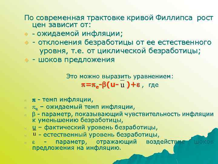 По современная трактовке кривой Филлипса рост цен зависит от: u - ожидаемой инфляции; u