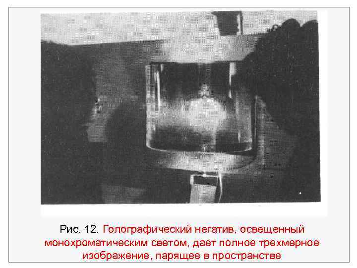 Рис. 12. Голографический негатив, освещенный монохроматическим светом, дает полное трехмерное изображение, парящее в пространстве