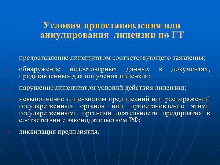 Условия приостановления или аннулирования лицензии по ГТ § § § предоставление лицензиатом соответствующего заявления;