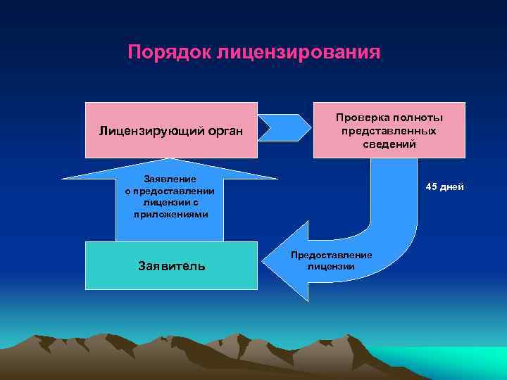 Порядок лицензирования Лицензирующий орган Проверка полноты представленных сведений Заявление о предоставлении лицензии с приложениями