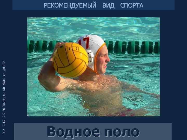 ГОУ СПО СК № 30, Ореховый бульвар, дом 22 РЕКОМЕНДУЕМЫЙ ВИД СПОРТА Водное поло
