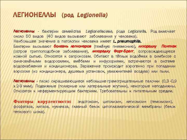 ЛЕГИОНЕЛЛЫ (род Legionella) Легионеллы - бактерии семейства Legionellaceae, рода Legionella. Род включает около 50