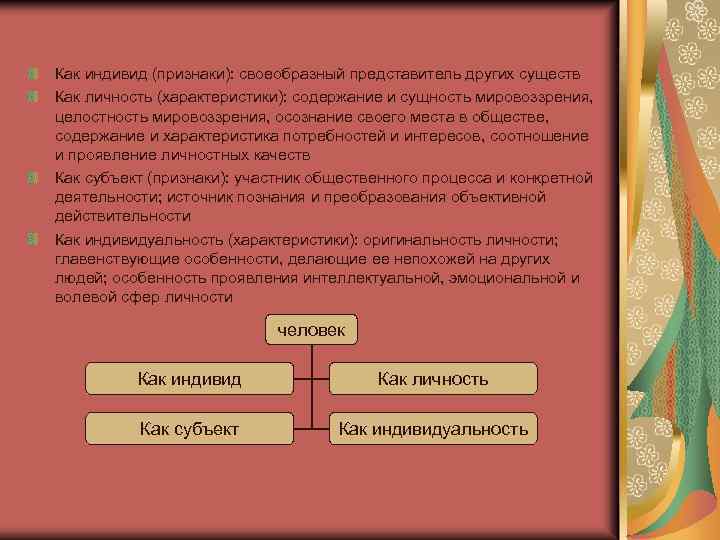 Как индивид (признаки): своеобразный представитель других существ Как личность (характеристики): содержание и сущность мировоззрения,