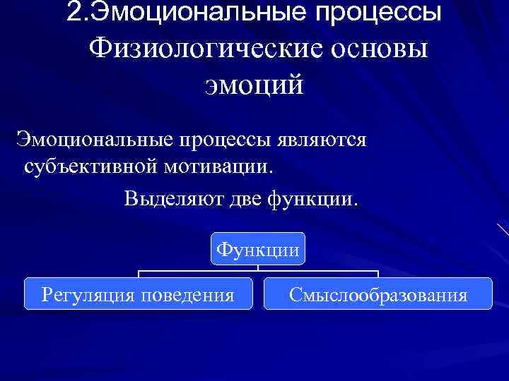 2. Эмоциональные процессы Физиологические основы эмоций Эмоциональные процессы являются субъективной мотивации. Выделяют две функции.