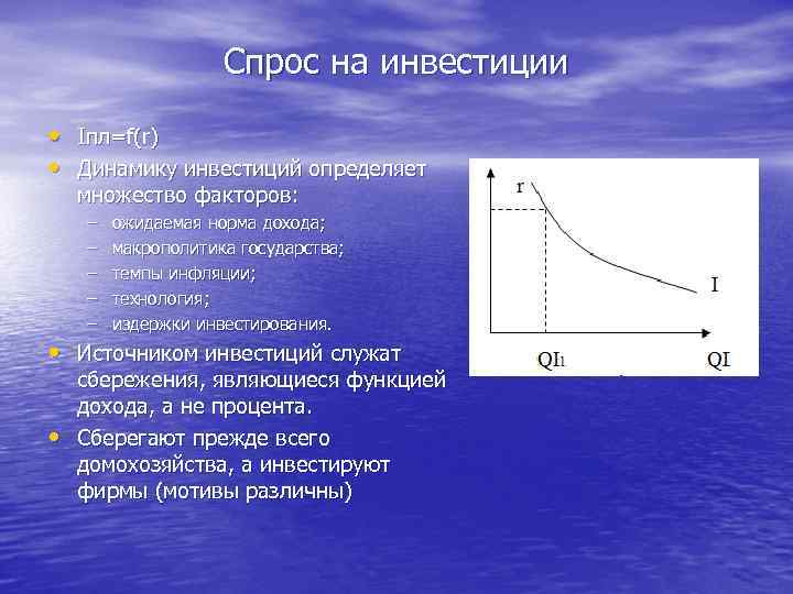 Спрос на инвестиции • Iпл=f(r) • Динамику инвестиций определяет множество факторов: – – –