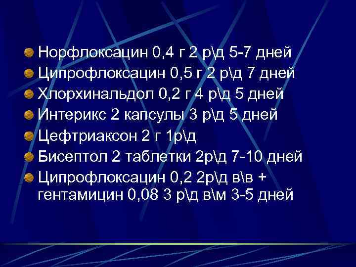 Норфлоксацин 0, 4 г 2 рд 5 -7 дней Ципрофлоксацин 0, 5 г 2