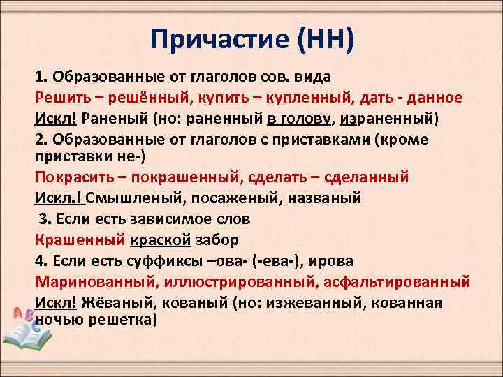 Причастие (НН) 1. Образованные от глаголов сов. вида Решить – решённый, купить – купленный,